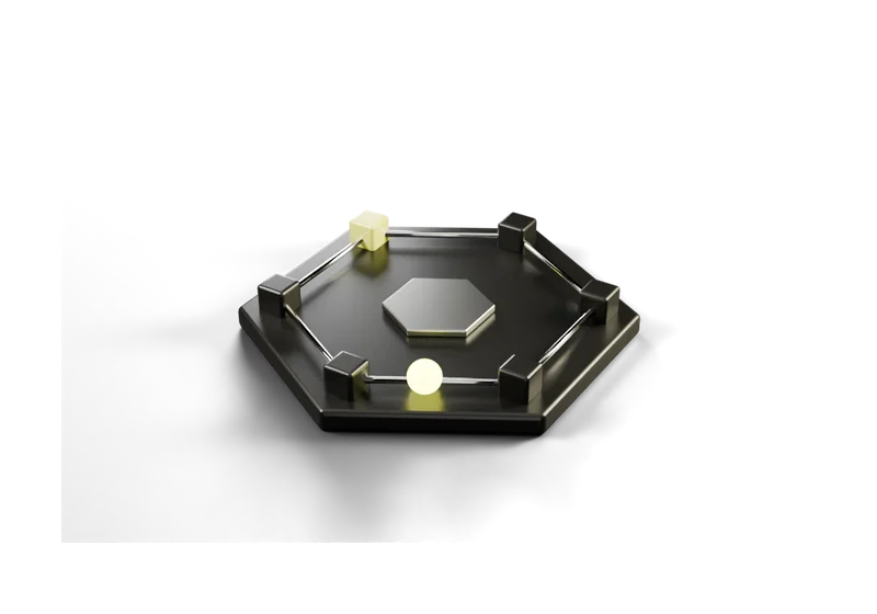 A hexagonal track with six nodes, one lit yellow, and a glowing agent running between them