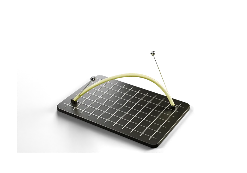 A yellow Bézier curve rising off an engraved grid, with its two chrome control handles