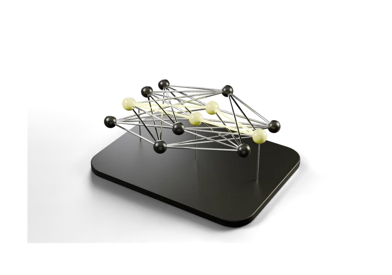 A three-layer network of graphite nodes joined by chrome rods, with a lit path running through it