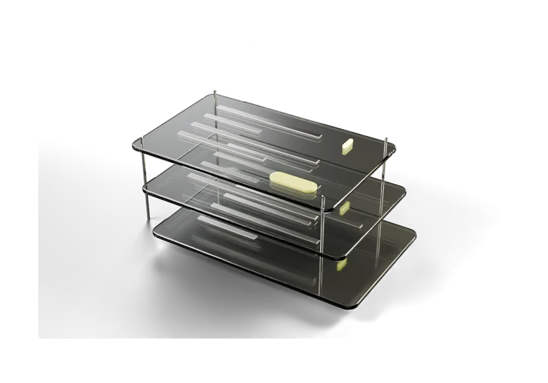 Three layers of an interface in glass, stacked and offset, with a yellow cursor and button on the top layer