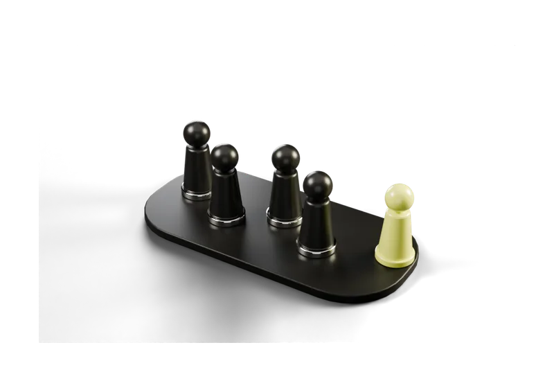 Four graphite figures on a plinth and a fifth in yellow stepping in to join them
